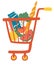 Shopping trolley full food meal. Complete shopping cart. Grocery store, supermarket. Department store goods. A set of fresh,