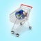 Shopping trolley globe concept supermarket shopping cart with globe on blue gradient backgtound 3d