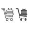 Shopping trolley with new clothes line and glyph icon. Market basket with fabric products. Commerce vector design