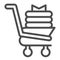 Shopping trolley with new clothes line icon. Market basket with fabric products. Commerce vector design concept, outline