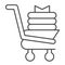 Shopping trolley with new clothes thin line icon. Market basket with fabric products. Commerce vector design concept