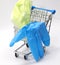 shopping trolley with protective latex glove and surgical mask o