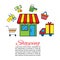 Shopping vector illustration of delivery car with shopping items, credit cards and discount coupons, basket supermarket