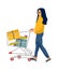 Shopping woman. Cartoon customer carrying cart for purchases in store. Young female character buys food products in