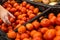 Shopping. Woman choosing bio food fruit tomato in vegetable store or supermarket.A hand woman holding red tomatoes, select between