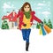 Shopping woman with gift bag running joyful