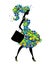 Shopping woman silhouette with green and blue flowers dress isolated