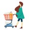 Shopping woman with supermarket cart or trolley bags and boxes