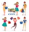 Shopping woman vector characters set. Female shopper holding shopping bags