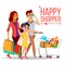 Shopping Woman Vector. Happy Family Couple. Grocery Cart. Joyful Female. Holding Paper Bags. Groceries In Shop