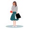 Shopping. Young woman holds a lot of bags. Lady returning from shops with packages. Vector illustration on white background in