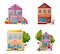 Shops facades flat vector colorful illustrations set