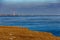 Shore of Baikal lake with antenna towers in winter