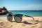 Shore essentials stylish sunglasses resting against a sandy beach backdrop