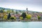 Shore of Lake Geneva in Evian-les-Bains city in France