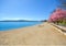 The shore and sandy beach at Independence Point in Coeur d`Alene, Idaho, USA, on a sunny spring day