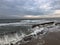 The shore in Svetlogorsk in Russia during winter. Waves Baltic Sea. Stormy sea.