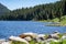 Shoreline of Meadowlark Lake, in the North Cove area of Bighorn National Forest in Wyoming, along the Cloud Peak Skyway