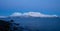 Shoreline and mountains at the Fjords, Bakkejord, near Tromso Norway, March 2019.