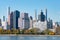 Shoreline of Roosevelt Island with the Midtown Manhattan Skyline in New York City during Autumn