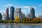 Shoreline of Roosevelt Island with the Midtown Manhattan Skyline in New York City with Colorful Trees during Autumn