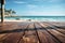 Shoreline stage Blurred beach forms backdrop for wooden decks versatile product displays