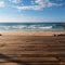 Shoreline stage Blurred beach forms backdrop for wooden decks versatile product displays