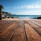 Shoreline stage Blurred beach forms backdrop for wooden decks versatile product displays