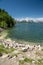 Shores of Jackson Lake, near the Jackson Lake Dam in Grand Teton National Park on a sunny summer day