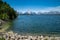 Shores of Jackson Lake, near the Jackson Lake Dam in Grand Teton National Park on a sunny summer day