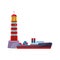 Shoreside lighthouse sea travel and container ship