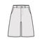 Short baggy Bermudas dress pants technical fashion illustration with above-the-knee length, low waist, slashed pocket