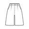 Short baggy Bermudas dress pants technical fashion illustration with above-the-knee length, single pleat, normal waist