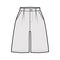 Short baggy Bermudas dress pants technical fashion illustration with above-the-knee length, single pleat, normal waist