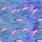 Short-beaked common dolphin in purple color palette, hand painted watercolor illustration, seamless pattern on blue ocean surface
