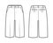 Short Bermuda pants technical fashion illustration with knee length, low waist, rise, slashed pocket. Flat walking