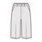 Short Bermuda pants technical fashion illustration with knee length, low waist, rise, slashed pocket. Flat walking