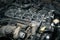 Short block with installed cylinder head gasket. Repair of a turbocharged diesel engine in a car workshop. Blur effect