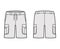 Short cargo technical fashion illustration with mid-thigh length, low waist, rise, slashed, bellows pocket. Flat Bermuda