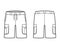 Short cargo technical fashion illustration with mid-thigh length, low waist, rise, slashed, bellows pocket. Flat Bermuda