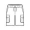 Short cargo technical fashion illustration with mid-thigh length, low waist, rise, slashed, bellows pocket. Flat Bermuda