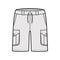 Short cargo technical fashion illustration with mid-thigh length, low waist, rise, slashed, bellows pocket. Flat Bermuda