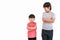 Short child boy in red t shirt and tall child boy in white t shirt standing arms crossed and looking face isolated on white