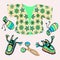 Short children`s t-shirt for newborns with fingerless mittens, soft shoes, shoes, rattle clothes for babies on a beige background