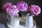 Short cropped bouquet of fresh peonies in porcelain jugs on a white tray on a gray craft background