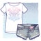 Short denim shorts and T-shirt with vintage looking eclectic print