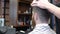 Short haircut in a barbershop. Close-up. Caucasian young client and barber in barbershop