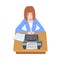 Short Haired Woman Journalist Sitting at Desk Writing Article or Public Essay on Typewriter Vector Illustration
