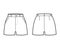 Short pants technical fashion illustration with mid-thigh length, normal waist, high rise, slashed pocket. Flat bottom