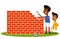 Short South American Cartoon football player in yellow shirt watching tall opponent building actual wall